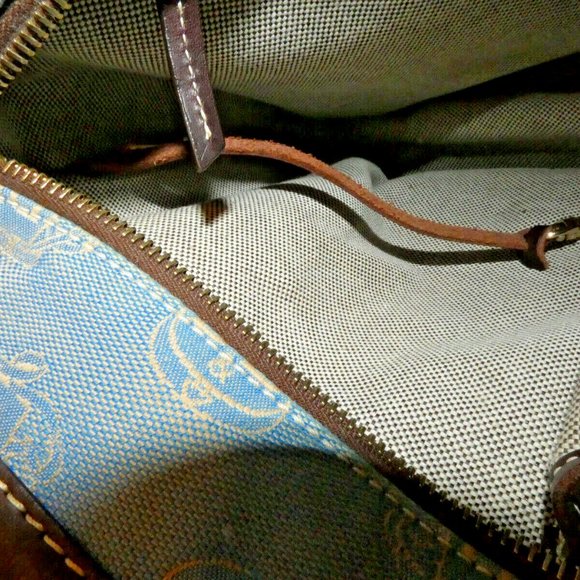 Dooney & Bourke Satchel Blue Denim DB Saddlebag Logo Handbag Leather Trim Purse - Picture 12 of 16